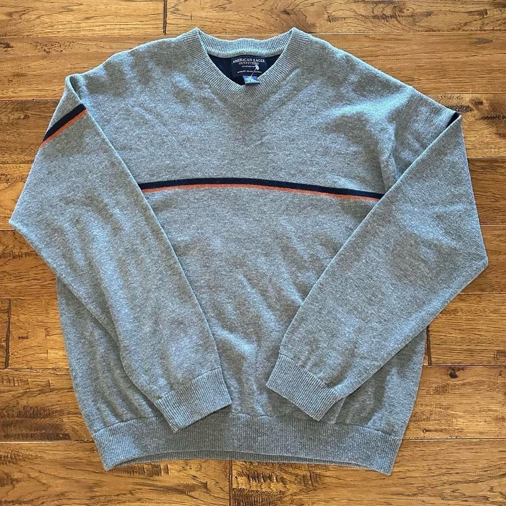 Vintage American Eagle Lambs Wool Striped V-neck Sweater Made In Australia